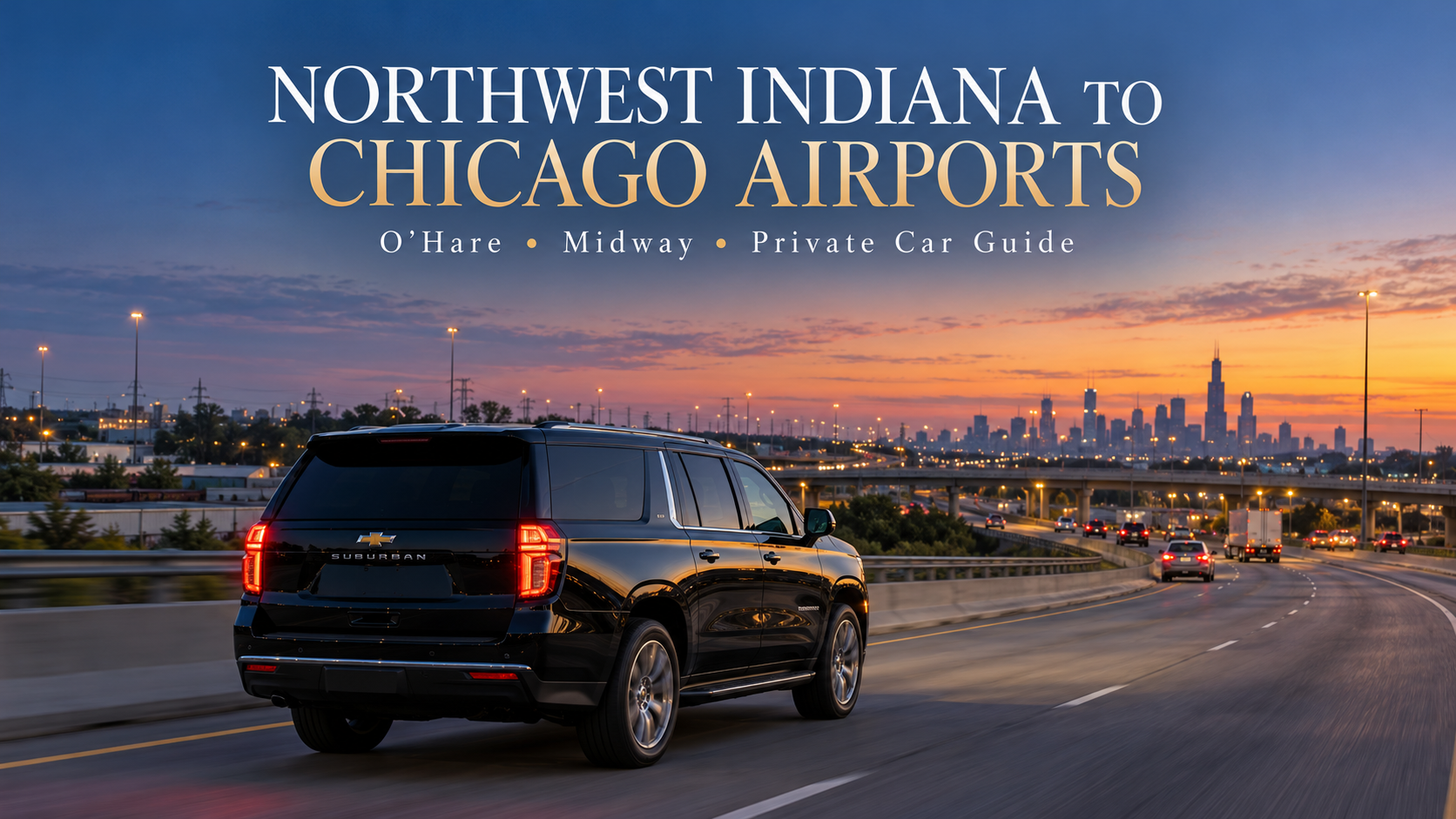 Northwest Indiana to O'Hare and Midway airport car service guide with a black Chevrolet Suburban traveling toward Chicago at sunrise