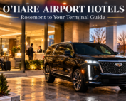 Black Cadillac Escalade ESV outside a Rosemont airport hotel while a traveler reviews an O'Hare departure itinerary in the lobby.