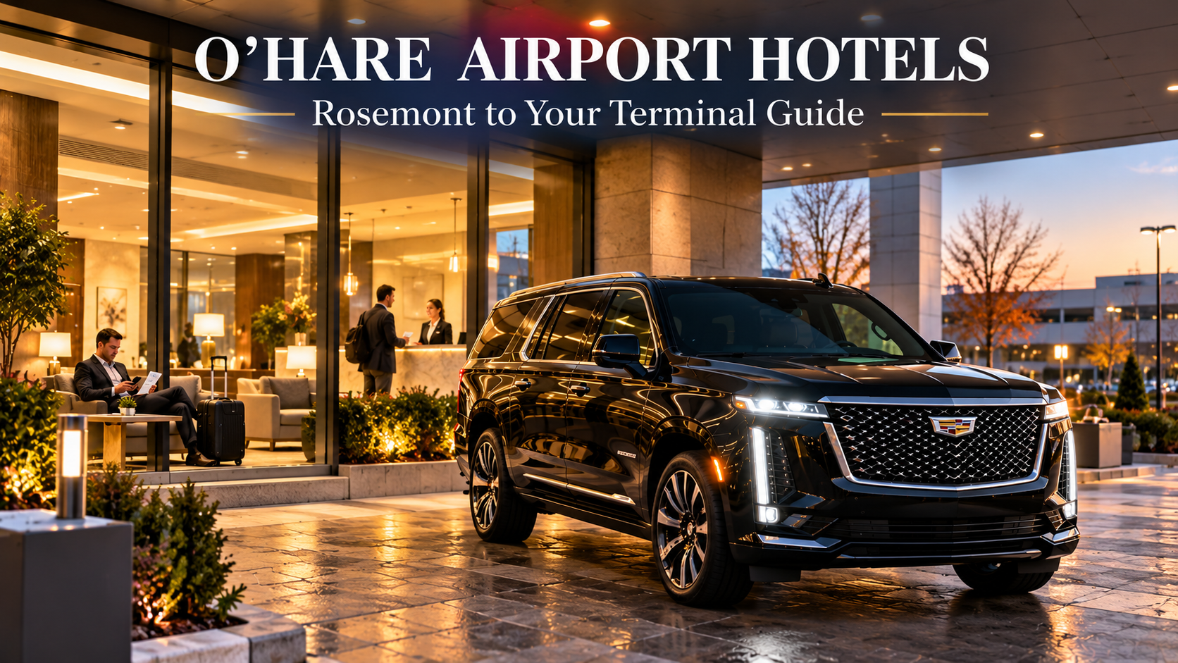 Black Cadillac Escalade ESV outside a Rosemont airport hotel while a traveler reviews an O'Hare departure itinerary in the lobby.