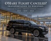 O'Hare flight cancellation transportation featuring a black Lincoln Navigator at Chicago O'Hare Airport for private car transfers home to Wisconsin.