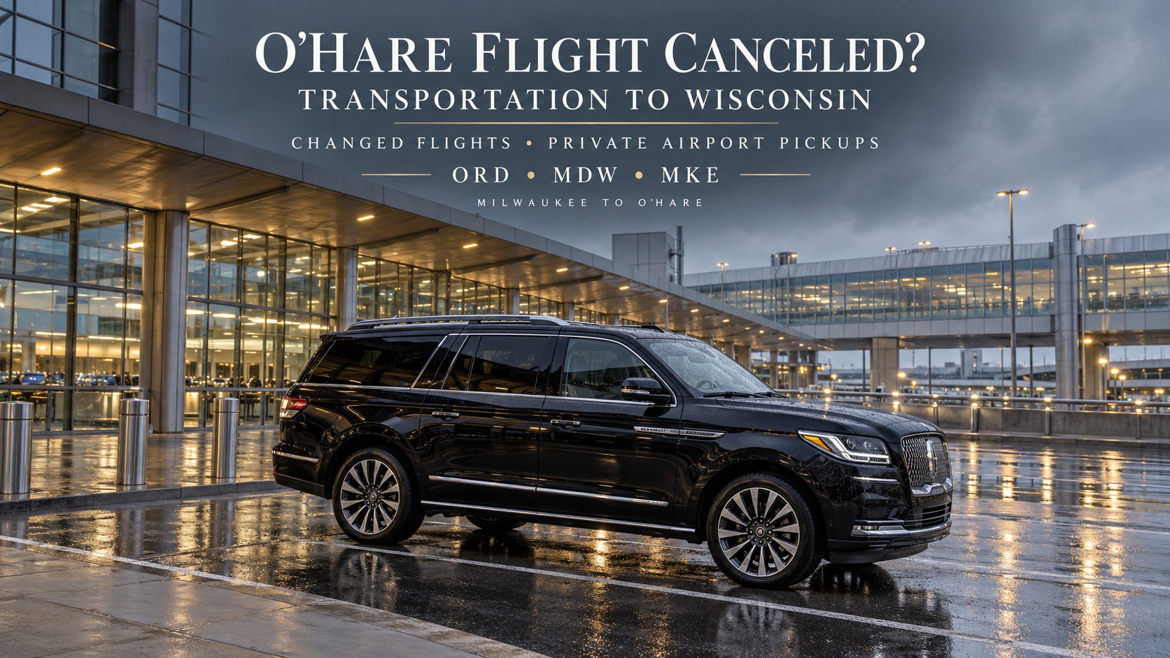 O'Hare flight cancellation transportation featuring a black Lincoln Navigator at Chicago O'Hare Airport for private car transfers home to Wisconsin.