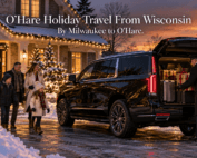 O'Hare holiday travel from Wisconsin, with a black Cadillac Escalade and chauffeur loading suitcases and wrapped gifts outside a snowy home at dusk