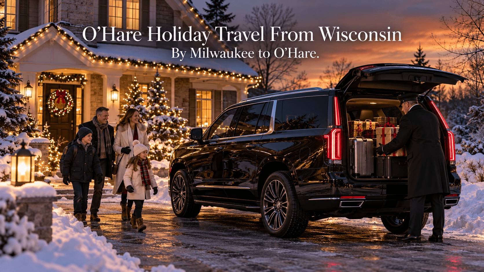 O’Hare Holiday Travel From Wisconsin O'Hare holiday travel from Wisconsin, with a black Cadillac Escalade and chauffeur loading suitcases and wrapped gifts outside a snowy home at dusk