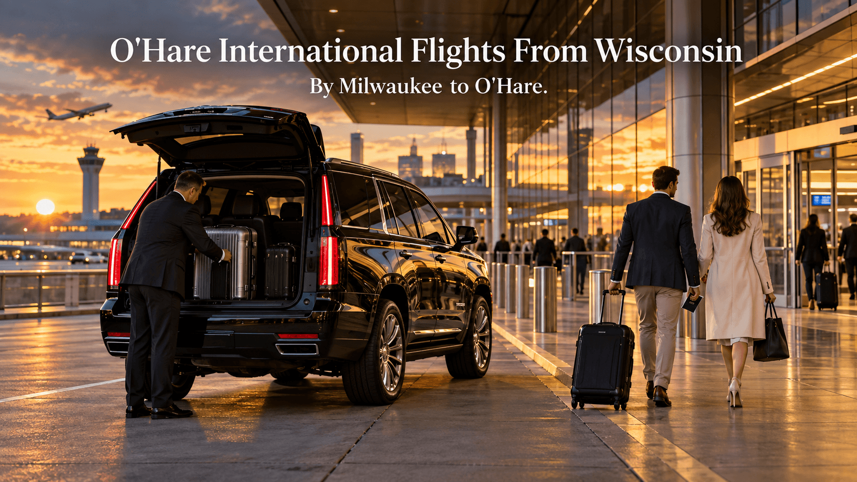 O'Hare international flights from Wisconsin, with a black Cadillac Escalade and chauffeur unloading suitcases at an international terminal curb at sunset