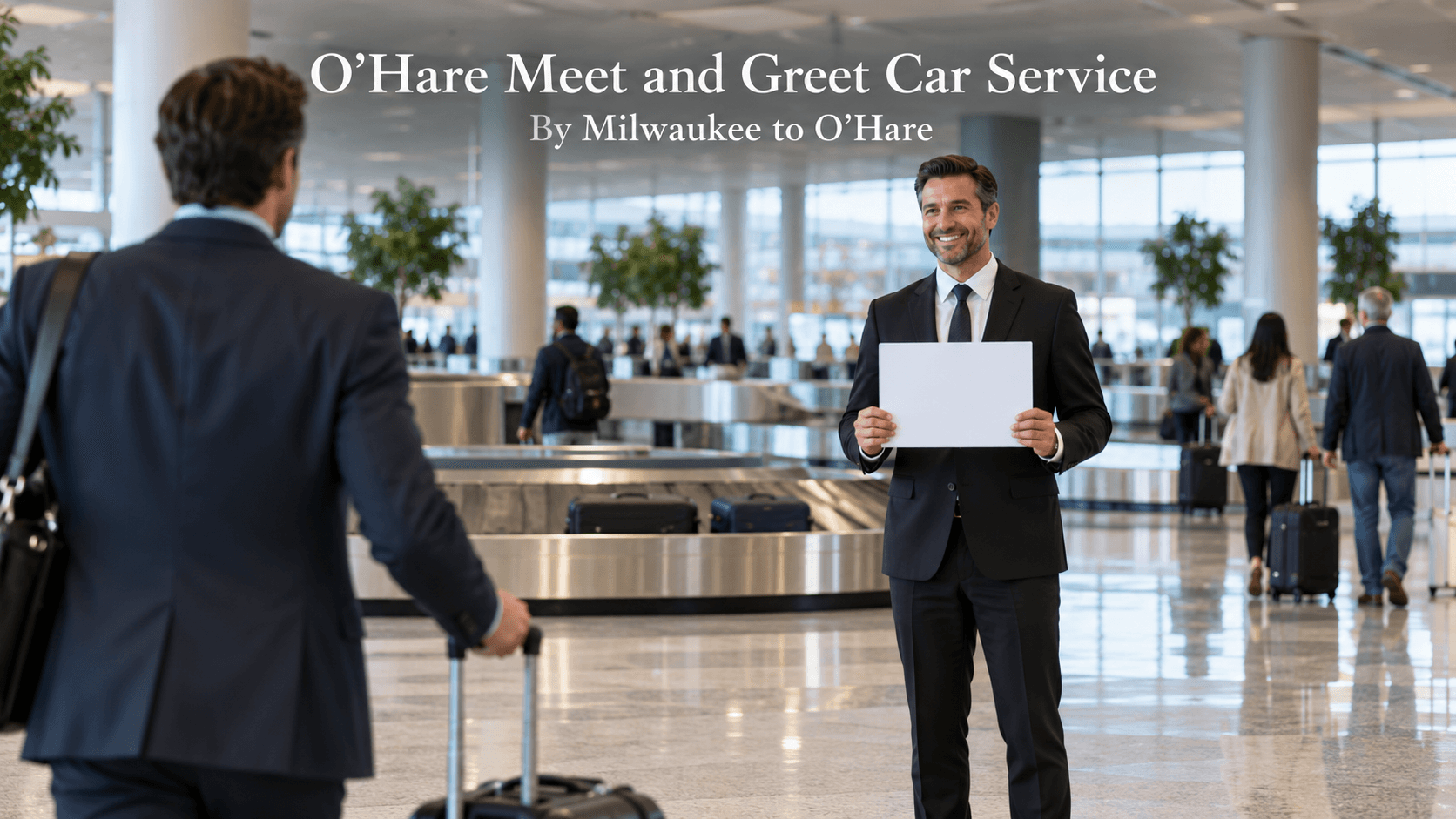 O’Hare Meet and Greet Car Service O'Hare meet and greet car service, with a chauffeur in a dark suit holding a name sign for an arriving traveler at an airport baggage claim