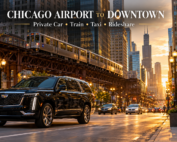 O'Hare to downtown Chicago transportation options showing a black luxury SUV and CTA train near the Loop