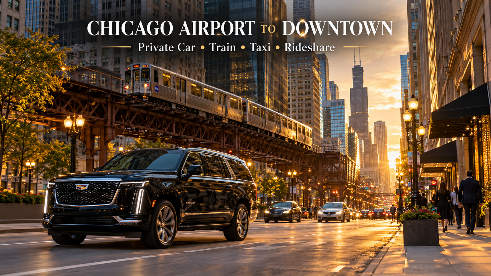 O'Hare to downtown Chicago transportation options showing a black luxury SUV and CTA train near the Loop