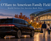 O'Hare to American Family Field car service featuring a black 2026 Lincoln Navigator L near the Milwaukee baseball stadium during World Series week.