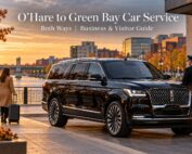 O'Hare to Green Bay car service both ways featuring a black 2026 Lincoln Navigator L near the Fox River waterfront in Green Bay, Wisconsin.