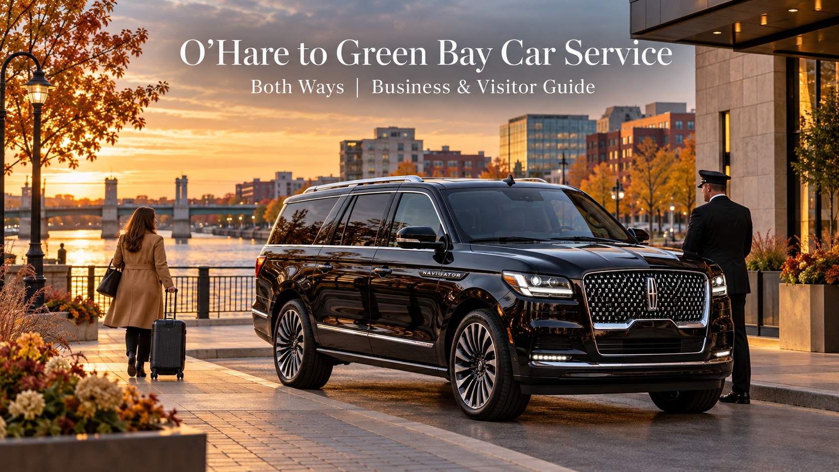O'Hare to Green Bay car service both ways featuring a black 2026 Lincoln Navigator L near the Fox River waterfront in Green Bay, Wisconsin.