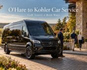 O'Hare to Kohler car service featuring a black 2026 Mercedes-Benz Executive Sprinter with golf travel bags at a luxury golf resort in Kohler, Wisconsin.