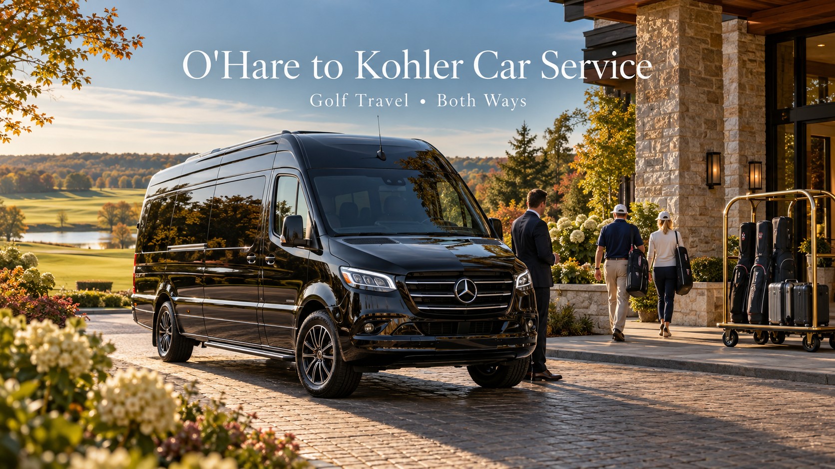 O'Hare to Kohler car service featuring a black 2026 Mercedes-Benz Executive Sprinter with golf travel bags at a luxury golf resort in Kohler, Wisconsin.
