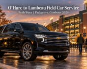 O'Hare to Lambeau Field car service both ways featuring a black 2026 Chevrolet Suburban near Lambeau Field for Packers vs. Cowboys.