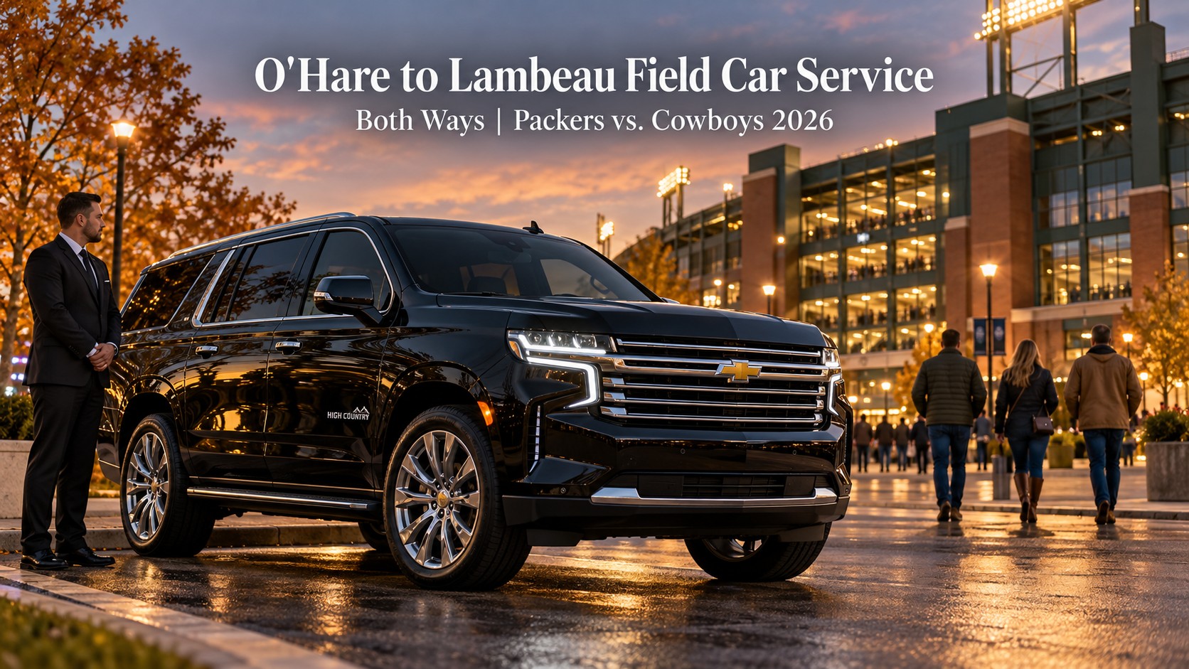 O'Hare to Lambeau Field car service both ways featuring a black 2026 Chevrolet Suburban near Lambeau Field for Packers vs. Cowboys.