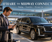 O'Hare to Midway connection guide showing a black Cadillac Escalade and a traveler coordinating connecting flights at Chicago O'Hare