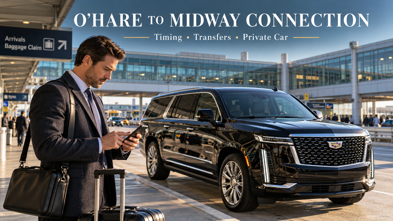 O'Hare to Midway connection guide showing a black Cadillac Escalade and a traveler coordinating connecting flights at Chicago O'Hare