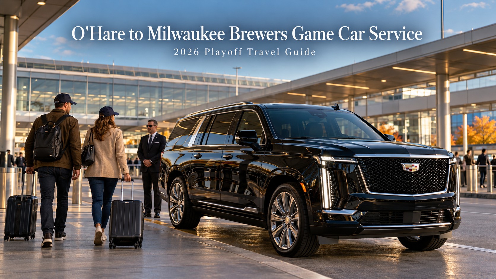 O'Hare to Milwaukee Brewers game car service with a black 2026 Cadillac Escalade for baseball fans arriving at Chicago O'Hare Airport.