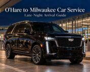 O'Hare to Milwaukee car service with a black luxury Cadillac Escalade at the airport at night