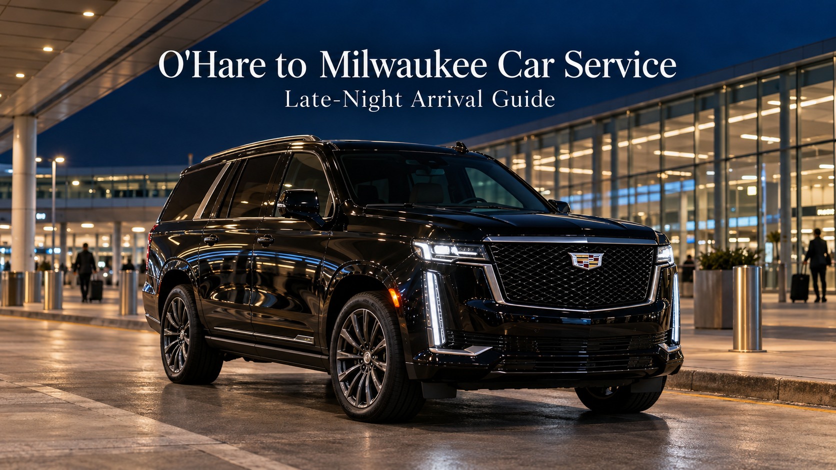 O'Hare to Milwaukee car service with a black luxury Cadillac Escalade at the airport at night