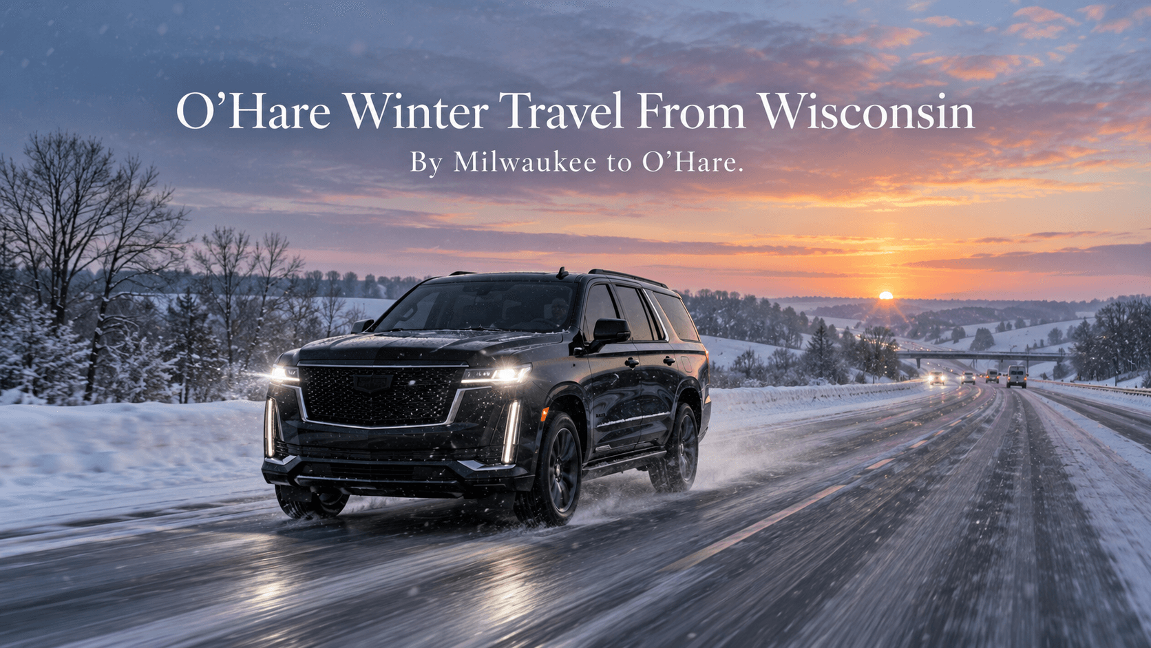 O'Hare winter travel from Wisconsin, with a black Cadillac Escalade driving on a snowy interstate highway at dawn with plowed lanes and falling snow
