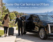 Same-day car service to O'Hare, with a black Cadillac Escalade and chauffeur pulling up quickly outside a Wisconsin home as a traveler hurries out with a suitcase