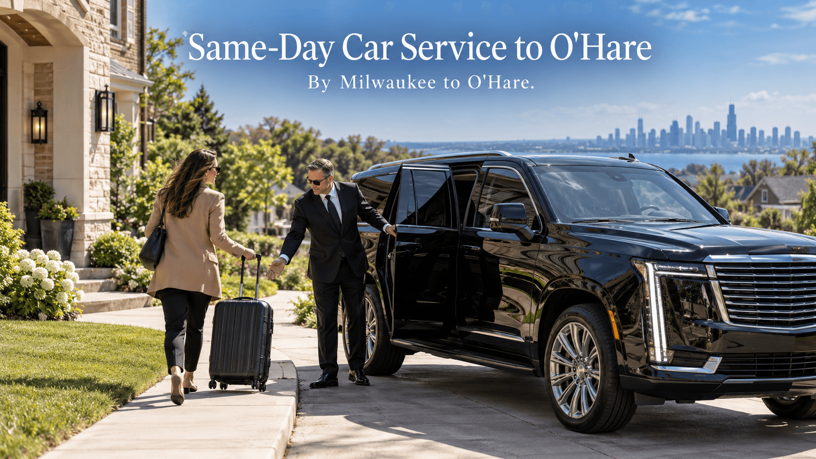 Same-day car service to O'Hare, with a black Cadillac Escalade and chauffeur pulling up quickly outside a Wisconsin home as a traveler hurries out with a suitcase
