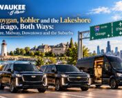 Milwaukee to O’Hare black luxury SUVs and a Mercedes Sprinter van on the Lake Michigan shore near Sheboygan and Kohler with a lighthouse, and an I-94 Chicago highway sign with the Chicago skyline behind, for car service to Chicago both ways