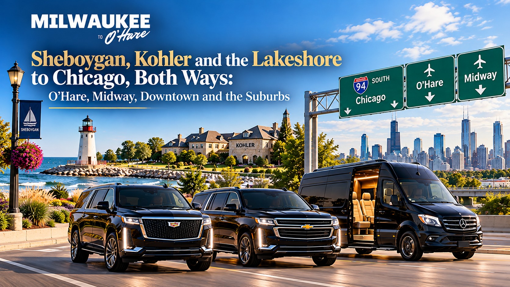 Milwaukee to O’Hare black luxury SUVs and a Mercedes Sprinter van on the Lake Michigan shore near Sheboygan and Kohler with a lighthouse, and an I-94 Chicago highway sign with the Chicago skyline behind, for car service to Chicago both ways