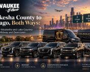 Milwaukee to O’Hare black Mercedes Sprinter vans and SUVs in front of the Chicago skyline at sunset with O’Hare, Midway and Downtown Chicago highway signs, for Waukesha County car service from Brookfield, Waukesha and Lake Country both ways