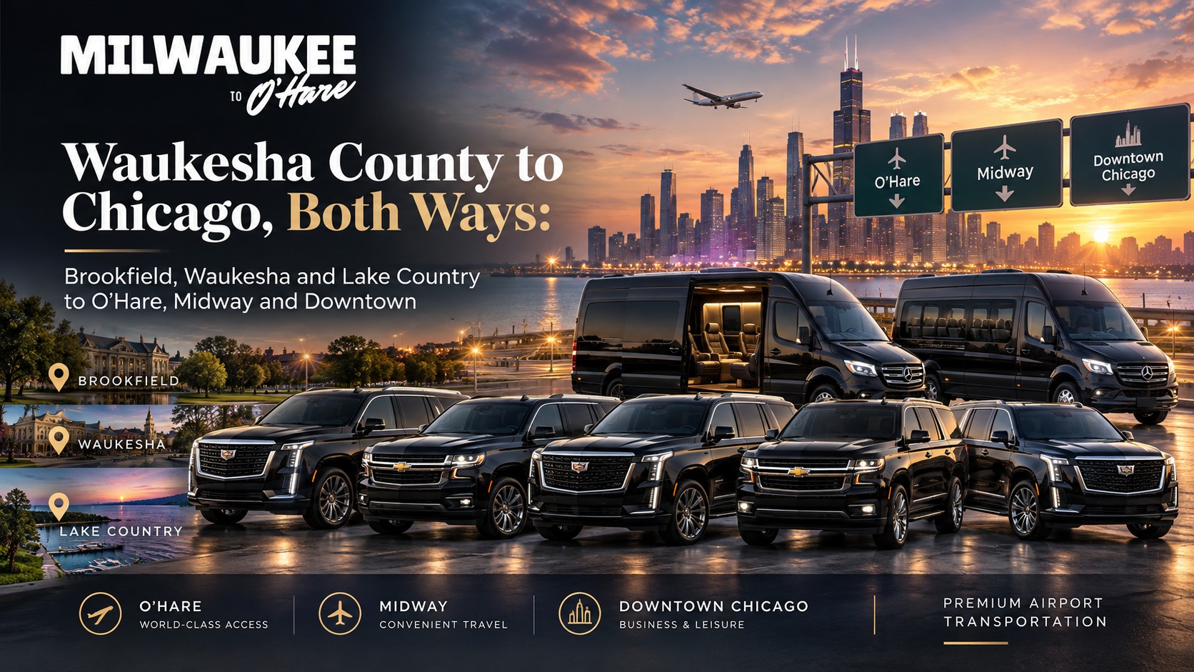 Milwaukee to O’Hare black Mercedes Sprinter vans and SUVs in front of the Chicago skyline at sunset with O’Hare, Midway and Downtown Chicago highway signs, for Waukesha County car service from Brookfield, Waukesha and Lake Country both ways