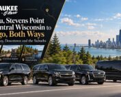 Milwaukee to O’Hare black luxury SUVs and a Mercedes Sprinter van on the highway with the Chicago skyline and Lake Michigan behind, for car service from Wausau, Stevens Point and Central Wisconsin to Chicago both ways