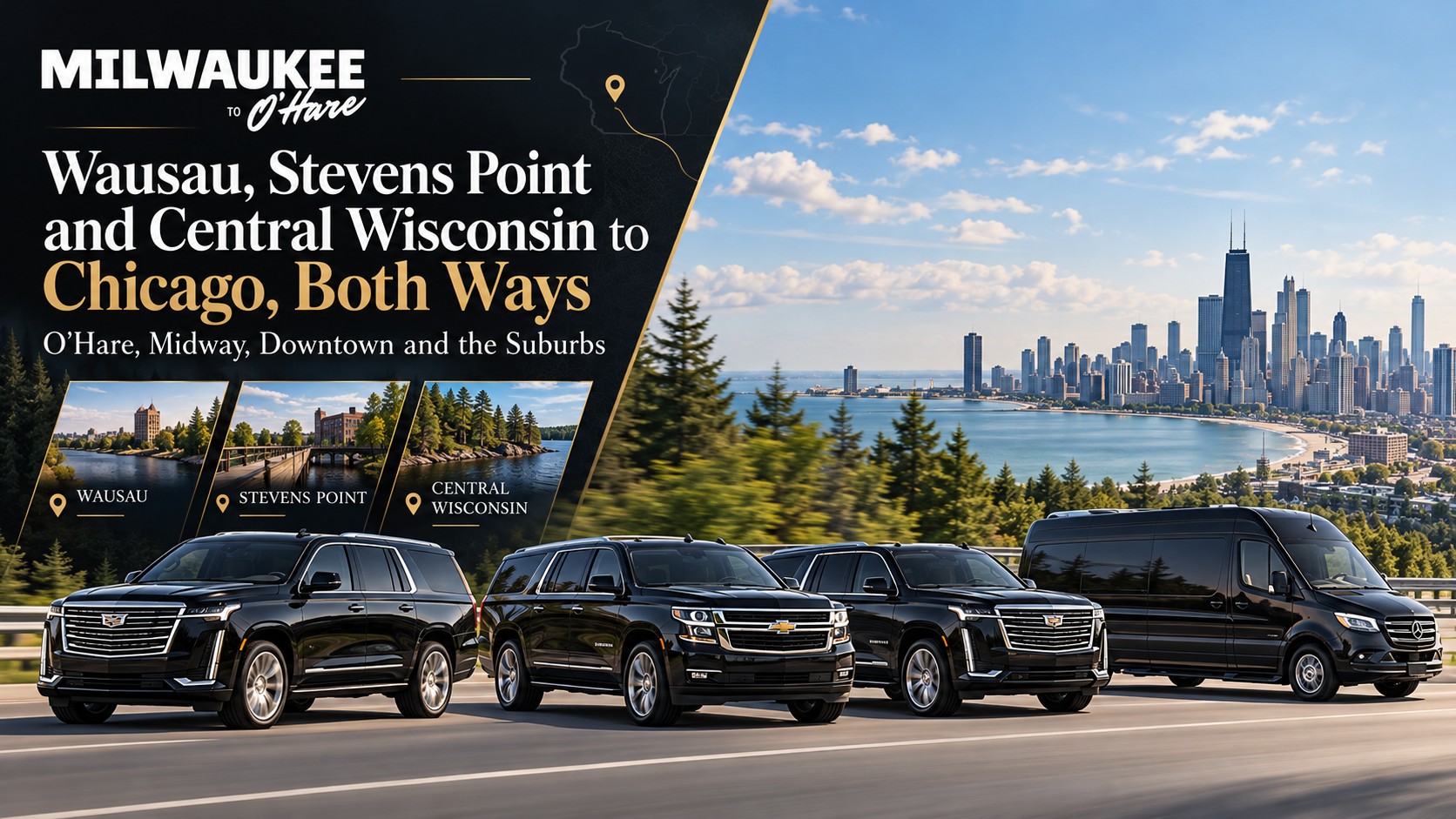 Milwaukee to O’Hare black luxury SUVs and a Mercedes Sprinter van on the highway with the Chicago skyline and Lake Michigan behind, for car service from Wausau, Stevens Point and Central Wisconsin to Chicago both ways
