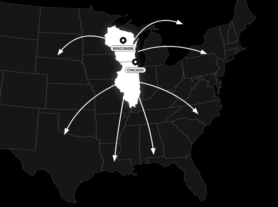 Wisconsin–Chicago Affiliate Limo Coverage Map Affiliate limo coverage map — Wisconsin and Chicago with routes to any state in the U.S.