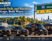 Milwaukee to O’Hare black luxury SUVs and Mercedes Sprinter vans with the Wisconsin Dells sandstone cliffs and a riverboat behind them, an I-90 Chicago highway sign and the Chicago skyline, for car service from Wisconsin Dells and Baraboo to Chicago both ways