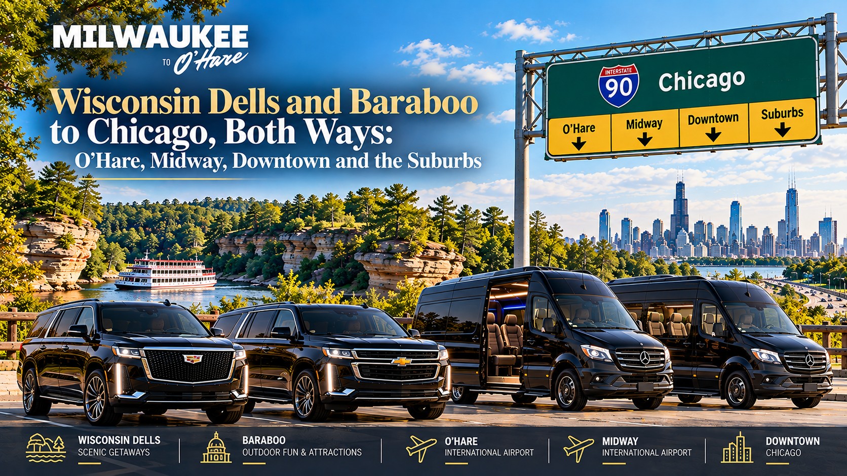 Milwaukee to O’Hare black luxury SUVs and Mercedes Sprinter vans with the Wisconsin Dells sandstone cliffs and a riverboat behind them, an I-90 Chicago highway sign and the Chicago skyline, for car service from Wisconsin Dells and Baraboo to Chicago both ways