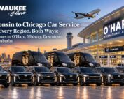Milwaukee to O’Hare black Mercedes Sprinter vans and SUVs lined up outside the O’Hare International Airport terminal at sunset with the Chicago skyline behind, for Wisconsin to Chicago car service both ways