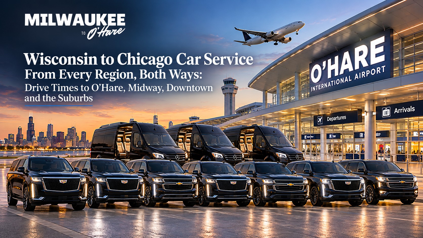 Milwaukee to O’Hare black Mercedes Sprinter vans and SUVs lined up outside the O’Hare International Airport terminal at sunset with the Chicago skyline behind, for Wisconsin to Chicago car service both ways