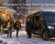 Wisconsin to Soldier Field car service, with a black Mercedes-Benz Sprinter picking up football fans in green and gold outside a snowy Wisconsin home on Christmas morning