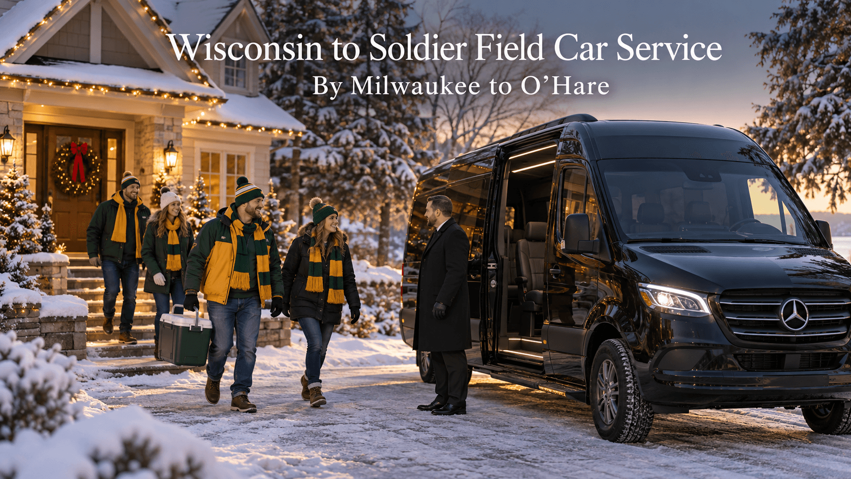 Wisconsin to Soldier Field car service, with a black Mercedes-Benz Sprinter picking up football fans in green and gold outside a snowy Wisconsin home on Christmas morning