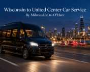 Wisconsin to United Center car service with a black Mercedes-Benz Sprinter driving south on a highway at night toward the lit Chicago skyline